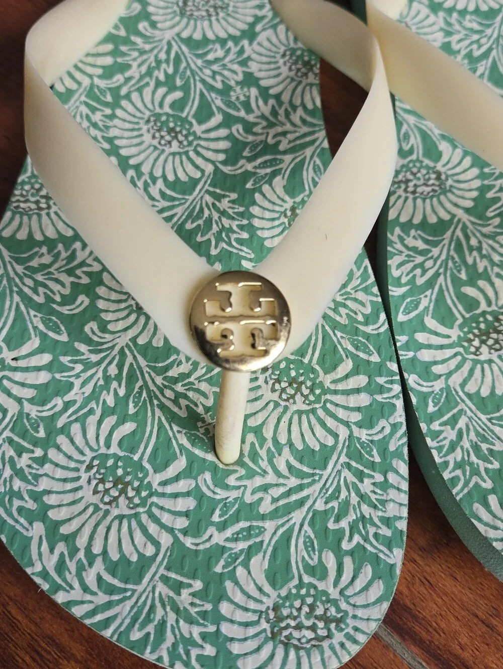 Tory Burch Logo Floral Green & Cream Flip Flops